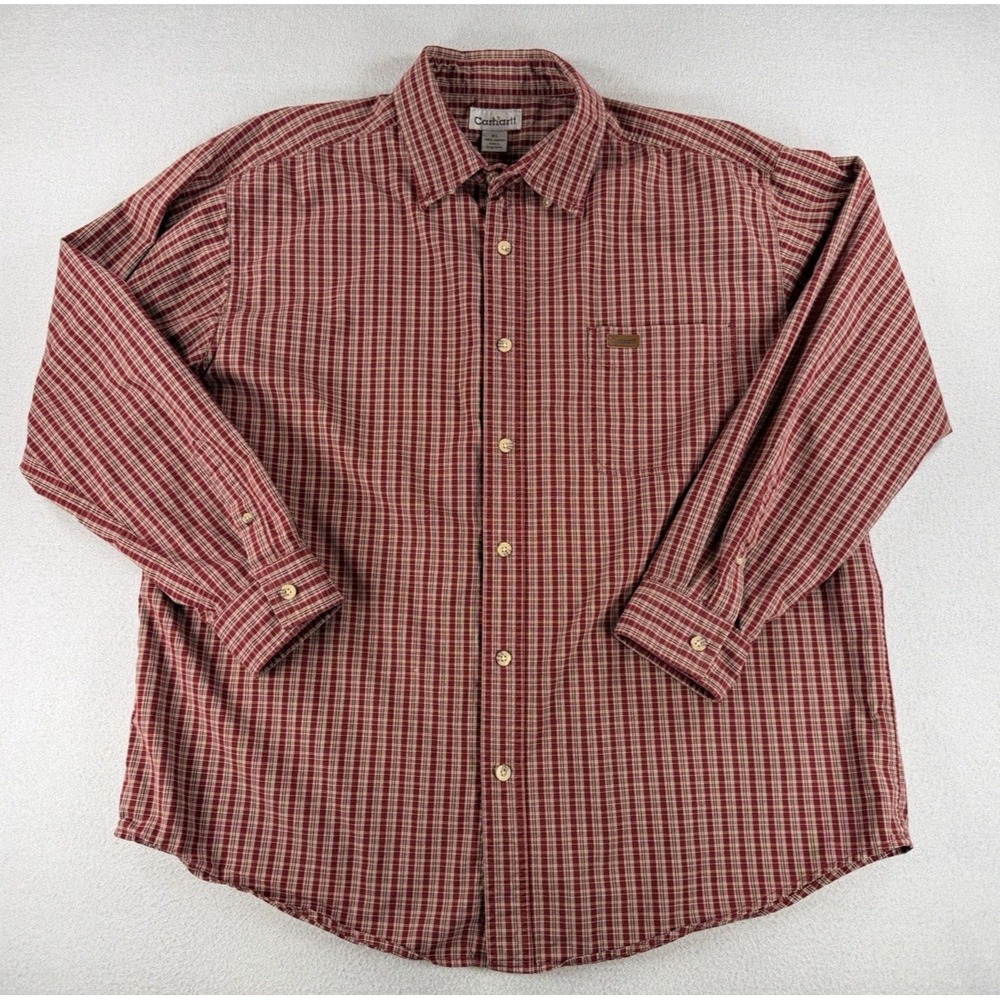 VTG Carhartt Mens Red Plaid Long Sleeve Button Down Shirt XL 100% Cotton